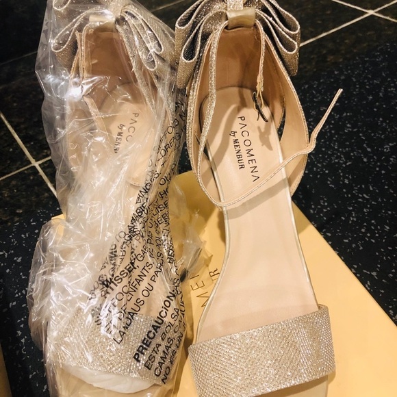 Stilettos Sparkly Champagne w/Bow Embellished-Open Toe Heels Size 40 / US10-NWT - Picture 8 of 8